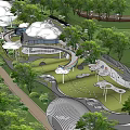 Modern Urban Park Landscape With White Curved Structures Green Lawns Trees And Paths