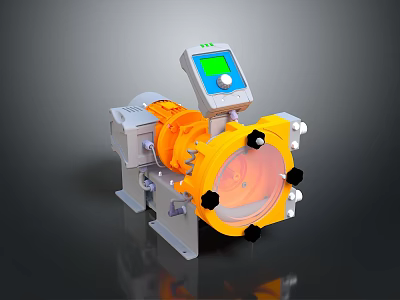 Industrial Metering Pump Equipment Featuring Yellow Components Transparent Circular Section Control Panel And Metal Stand 3d model
