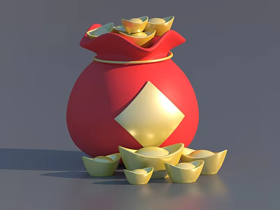 Traditional Red Bag With Gold Diamond Pattern Filled With Scattered Gold Ingots 3d model