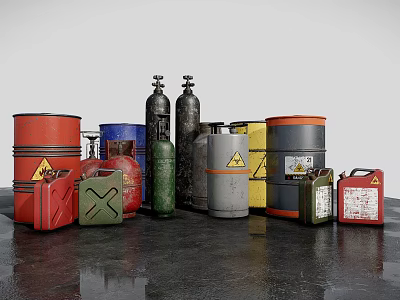 Industrial Equipment Featuring Steel Drums Gas Cylinders and Jerry Cans with Warning Labels 3d model