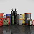 Industrial Equipment Featuring Steel Drums Gas Cylinders and Jerry Cans with Warning Labels