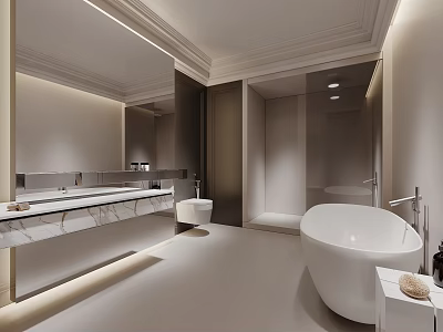 Modern Bathroom Interior With Freestanding Bathtub Marble Vanity Large Mirror And Soft Lighting 3d model