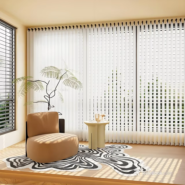 White Vertical Blinds in Bright Living Room with Beige Armchair Green Plant and Patterned Rug 3d model 