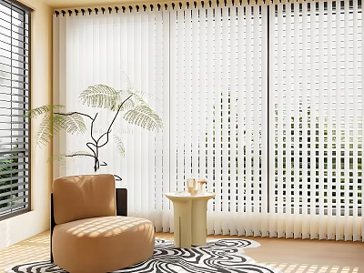 White Vertical Blinds in Bright Living Room with Beige Armchair Green Plant and Patterned Rug 3d model