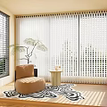 White Vertical Blinds in Bright Living Room with Beige Armchair Green Plant and Patterned Rug