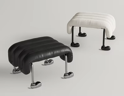 Modern Black And White Leather Sofa Stool With Curved Design And Metal Legs 3d model