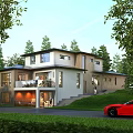 Modern Single Family House Exterior With Large Windows Green Lawn Red Car And Trees Around