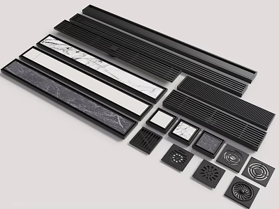 Modern Black Marble Drainage Components With Rectangular Strips And Circular Grates 3d model