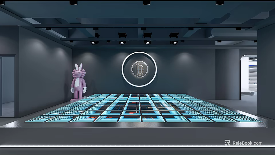 Modern Fitness Training Room With Illuminated Blue Grid Floor And Circular Logo 3d model 
