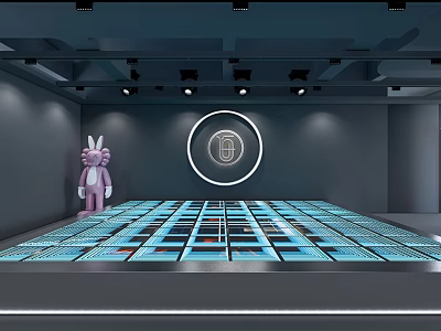 Modern Fitness Training Room With Illuminated Blue Grid Floor And Circular Logo 3d model