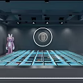 Modern Fitness Training Room With Illuminated Blue Grid Floor And Circular Logo