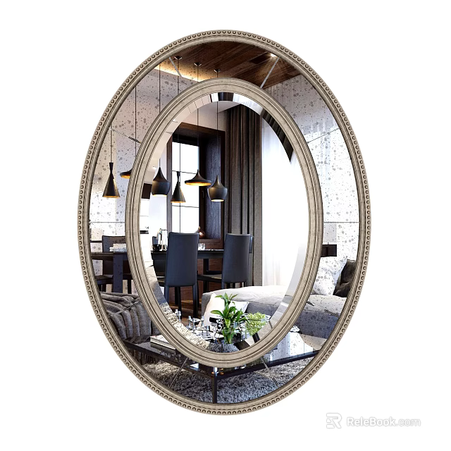 Oval Decorative Mirror Reflecting Living Room Interior With Chandelier Dining Chairs Sofa Potted Plant And Window 3d model 