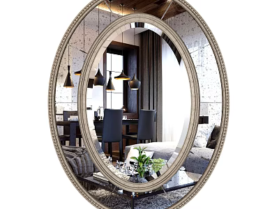 Oval Decorative Mirror Reflecting Living Room Interior With Chandelier Dining Chairs Sofa Potted Plant And Window 3d model