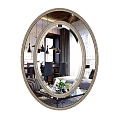 Oval Decorative Mirror Reflecting Living Room Interior With Chandelier Dining Chairs Sofa Potted Plant And Window