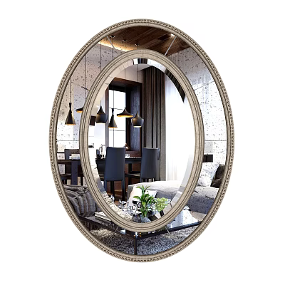 Oval Decorative Mirror Reflecting Living Room Interior With Chandelier Dining Chairs Sofa Potted Plant And Window 3d model