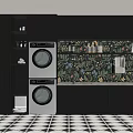 White Stacked Washing Machines With Black Cabinets Floral Wall And Black White Tiled Floor