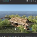 Bamboo hut thatched hut wooden hut waterside hut desert island hut fishing bamboo water hut lake island single log bridge lake view bamboo forest stone 3d model