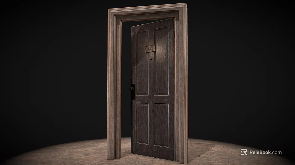 Dark Brown Wooden Hinged Door With Panel Design Wooden Frame And Metal Handle 3d model 
