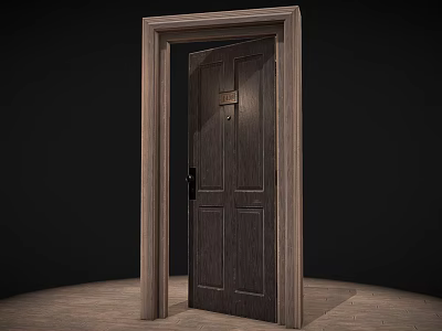 Dark Brown Wooden Hinged Door With Panel Design Wooden Frame And Metal Handle 3d model