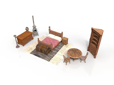 Traditional Wooden Furniture Set Including Bed Nightstand Dresser Round Table Chairs And Bookshelf 3d model