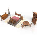 Traditional Wooden Furniture Set Including Bed Nightstand Dresser Round Table Chairs And Bookshelf