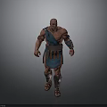 Muscular Bald Man In Ancient Warrior Blue Tunic With Arm Guards Leg Armor And Sandals