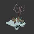 Floating Ice Platform With Leafless Tree And Group Of Reindeer On Dark Background
