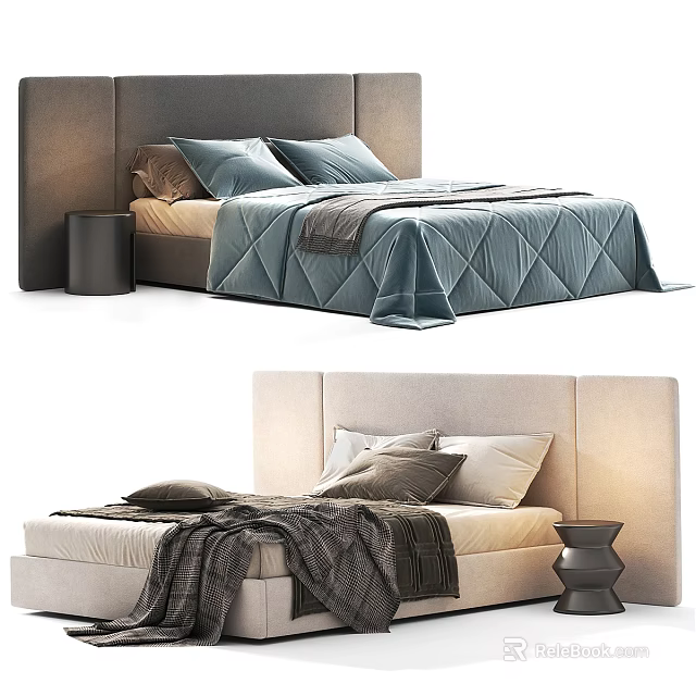 Double Bed Interior Design with Modern Headboard Soft Pillows Quilt Cozy Throw and Side Table 3d model