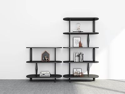 Black Modern Shelving Units Against White Wall With Multiple Shelves Holding Decorative Items And Books 3d model