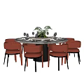 Elegant Round Dining Table Set With Red Chairs Green Plants And Tableware 3d model