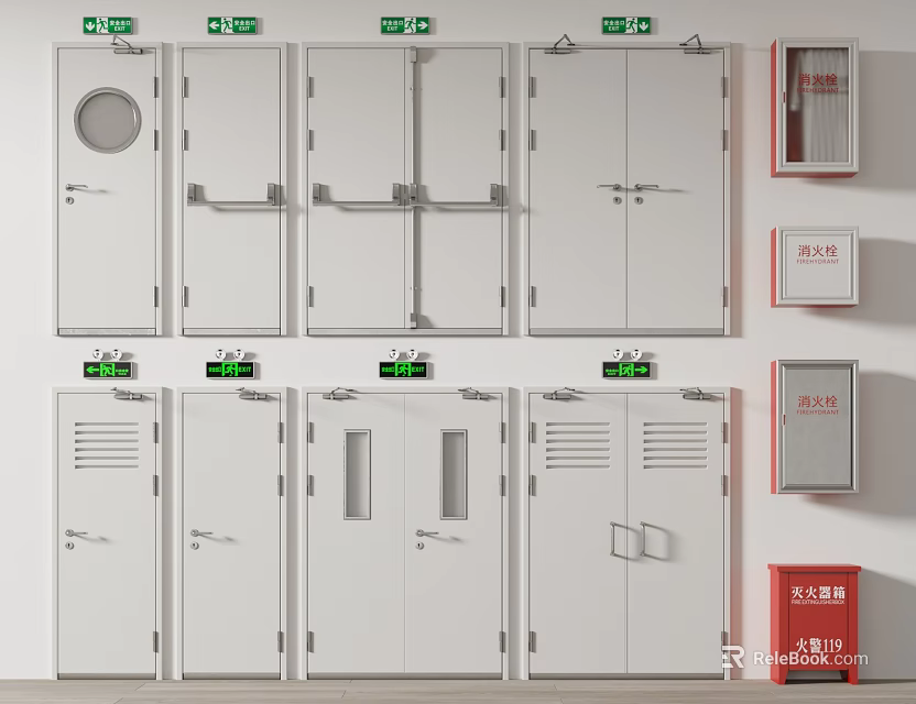 Various Fire Doors and Safety Equipment with Exit Signs and Extinguisher Cabinets 3d model 