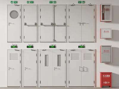 Various Fire Doors and Safety Equipment with Exit Signs and Extinguisher Cabinets 3d model