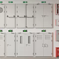 Various Fire Doors and Safety Equipment with Exit Signs and Extinguisher Cabinets