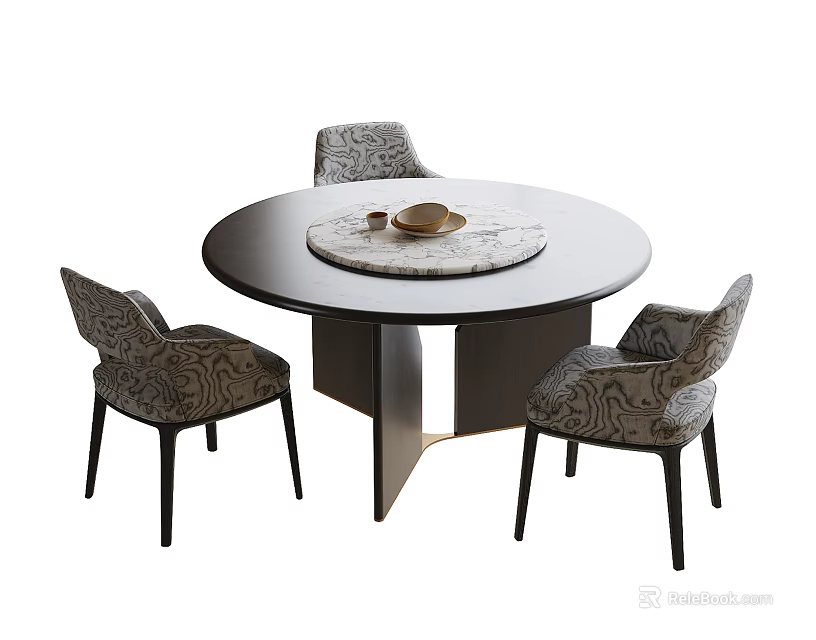 Round Dark Wood Table with Marble Inlay and Patterned Upholstered Chairs Set 3d model