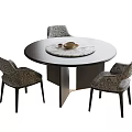 Round Dark Wood Table with Marble Inlay and Patterned Upholstered Chairs Set 3d model