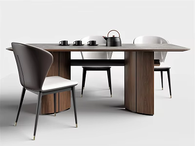 Modern Wooden Dining Table and Chairs Set With Upholstered Seats Metal Legs and Tea Set 3d model