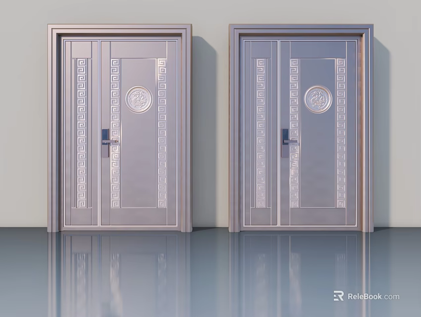 Double Stainless Steel Swing Doors With Decorative Patterns And Circular Ornament 3d model 
