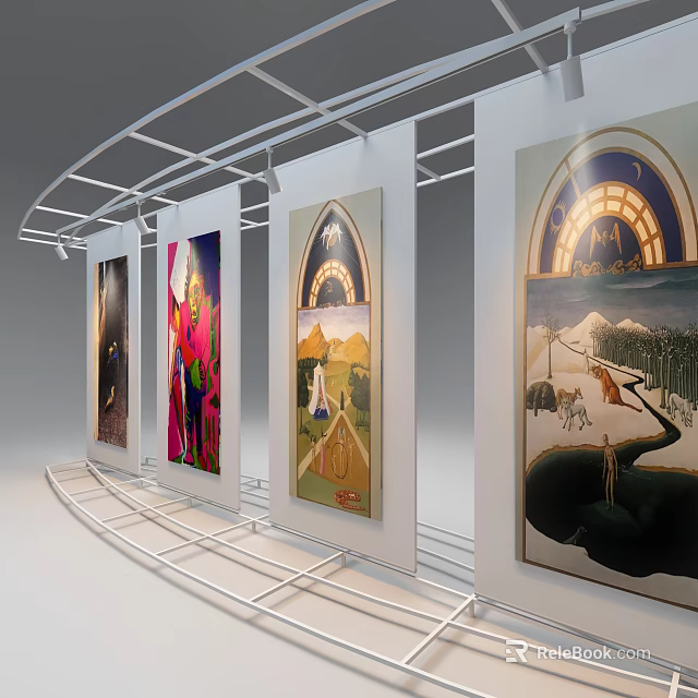 Multiple Modern Display Shelves Showcasing Framed Artworks In Exhibition Gallery 3d model 