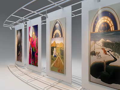 Multiple Modern Display Shelves Showcasing Framed Artworks In Exhibition Gallery 3d model