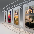 Multiple Modern Display Shelves Showcasing Framed Artworks In Exhibition Gallery