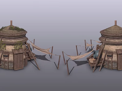 Traditional Round Thatched Roof Huts with Wooden Doors and Hammock Structures 3d model