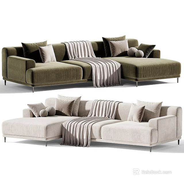Olive Green And Beige Sectional Sofa With Multiple Pillows And Striped Blanket 3d model 