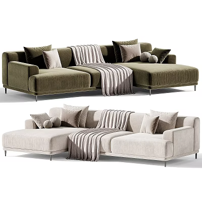 Olive Green And Beige Sectional Sofa With Multiple Pillows And Striped Blanket 3d model