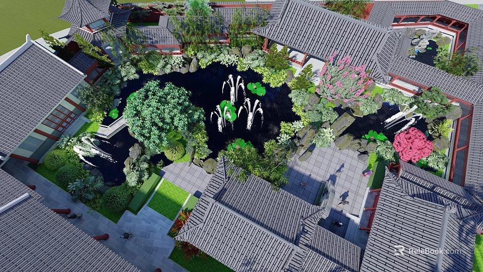 Chinese Garden Landscape With Pond Fountains Lotus Traditional Roofs And Stone Paths 3d model 