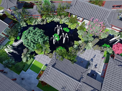 Chinese Garden Landscape With Pond Fountains Lotus Traditional Roofs And Stone Paths 3d model