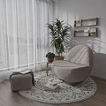 Beige Cozy Accent Chair by Window with Round Area Rug Potted Plant and Wooden Shelves
