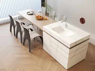 Modern Dining Table Set With Wooden Top Black Chairs And Marble Counter On Herringbone Floor 3d model