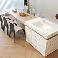 Modern Dining Table Set With Wooden Top Black Chairs And Marble Counter On Herringbone Floor