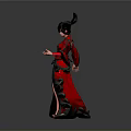Woman In Red Ancient Style Costume With Gold Decorations Slit Skirt And Elaborate Headdress