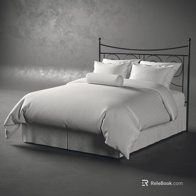 Double Bed with Black Metal Headboard White Striped Bedspread and Pillows in Modern Bedroom Setting 3d model 
